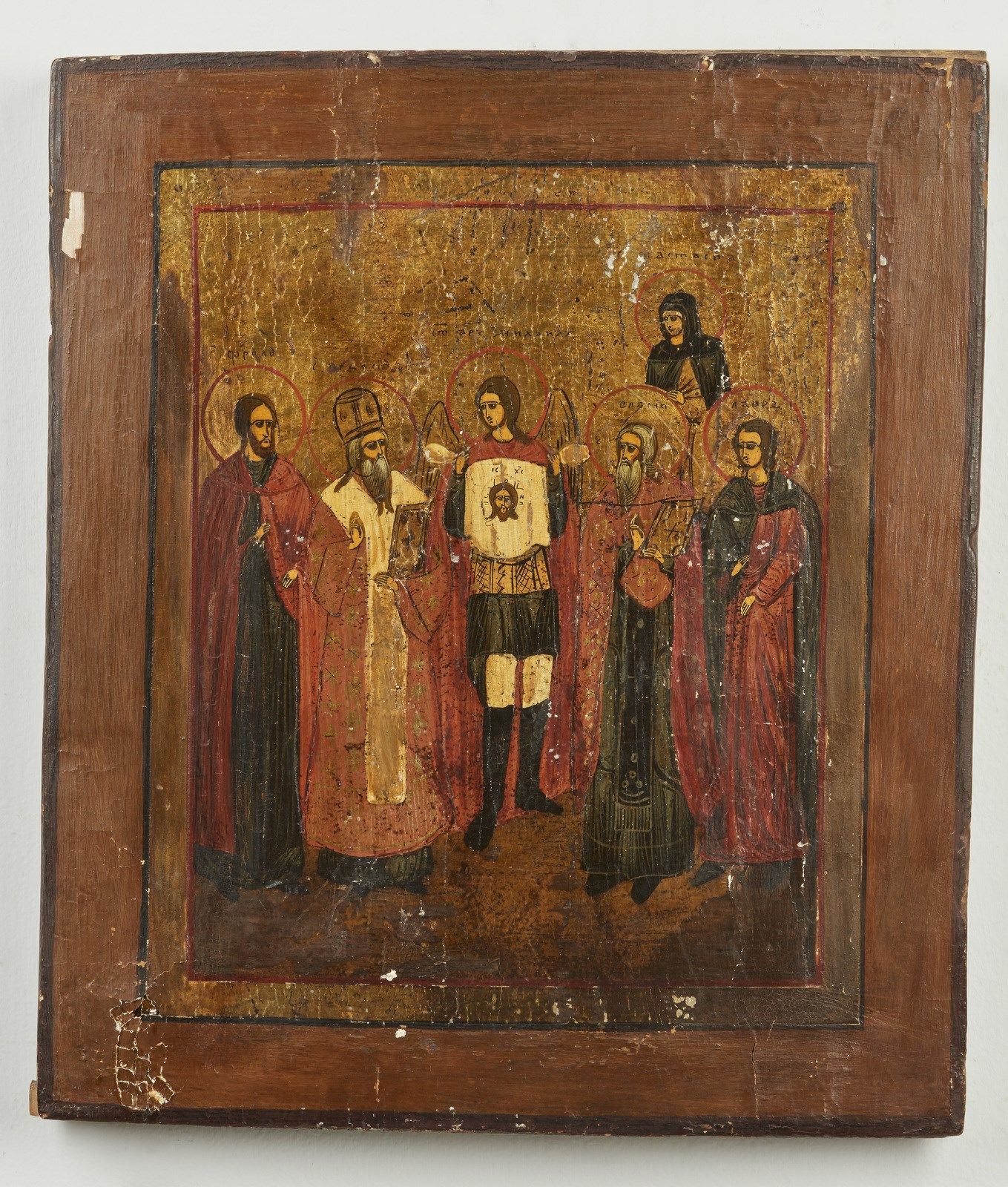 RUSSIAN ICON, 19TH CENTURY 俄罗斯圣像，19世纪 大天使米迦勒向圣徒和族长展示了麦迪翁。木板上的淡彩画。Cm 31,00 x 35,5&hellip;