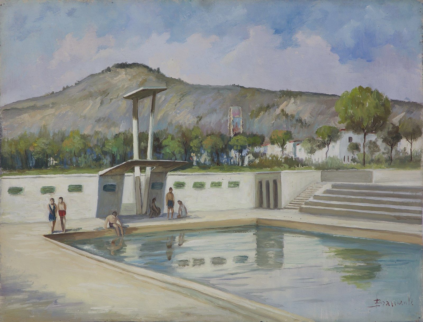 BRIANTE EZELINO (1901 - 1971) Guys in the pool. 布莱安特-埃塞利诺（1901 - 1971）。泳池里的人。签名右&hellip;