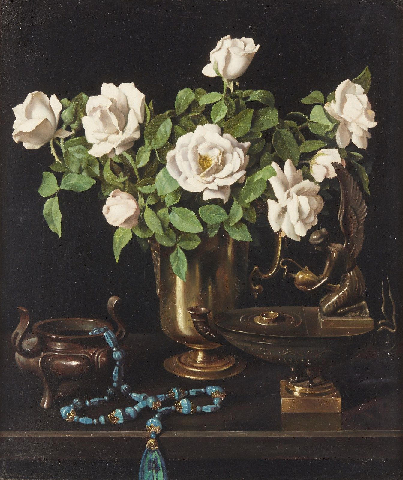 CROATTO BRUNO (1875 - 1948) Vaso di rose bianche con lucerna. 克拉托-布鲁诺（1875 - 194&hellip;