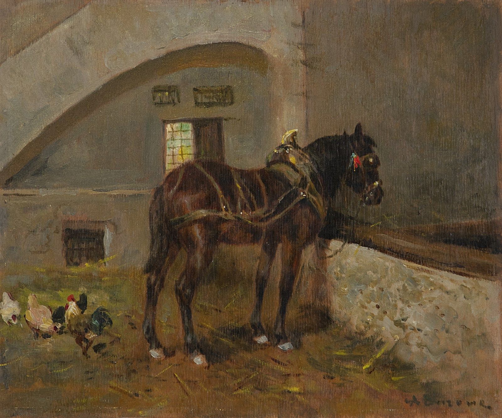 FABBRICATORE NICOLA (1888 - 1962) Inside stable with horse and hens. 法布里卡多-尼古拉（1&hellip;