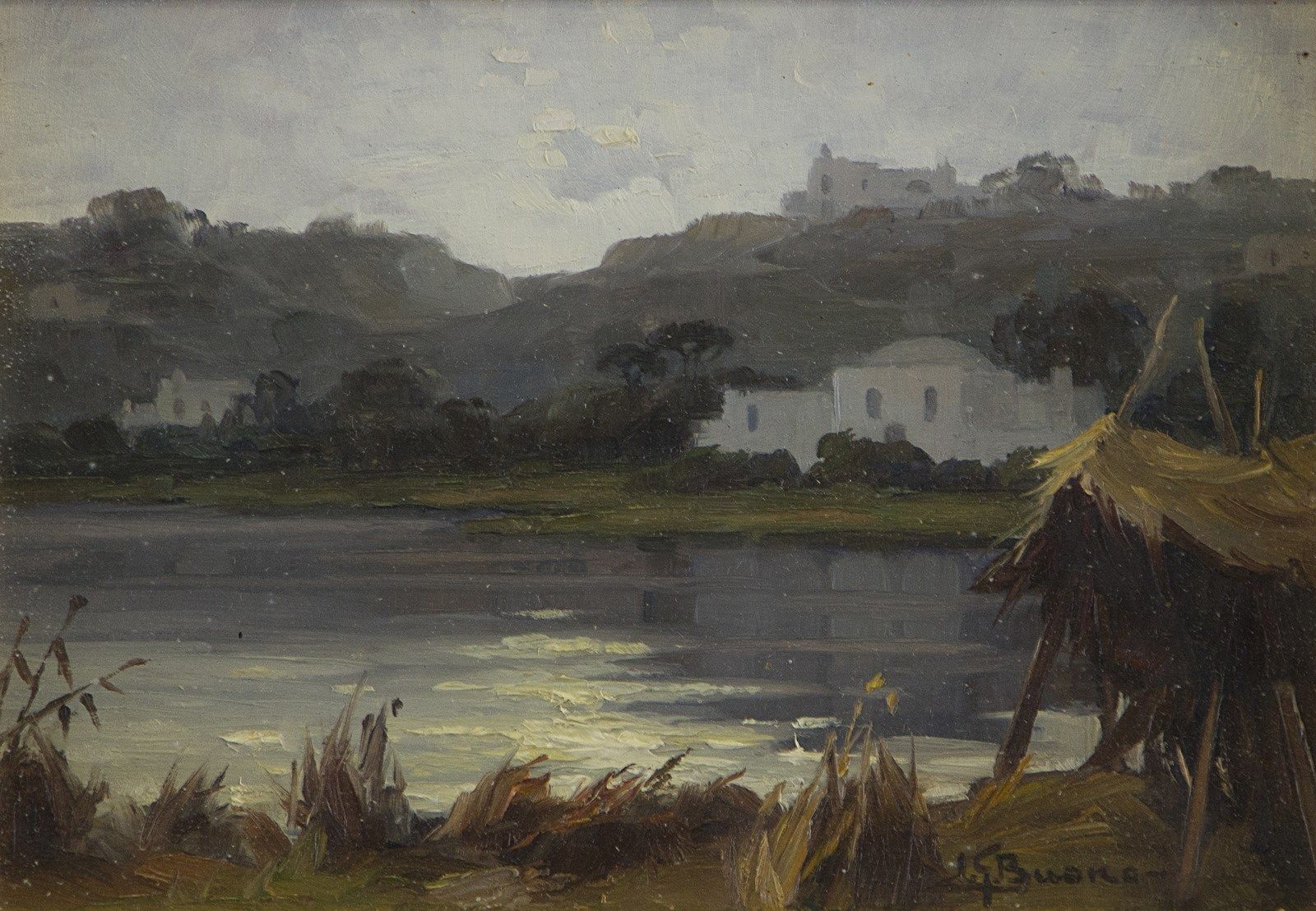BUONO LEON GIUSEPPE (1887 - 1975) Paesaggio lacustre con case. 布诺-莱昂-朱塞佩（1887 - &hellip;