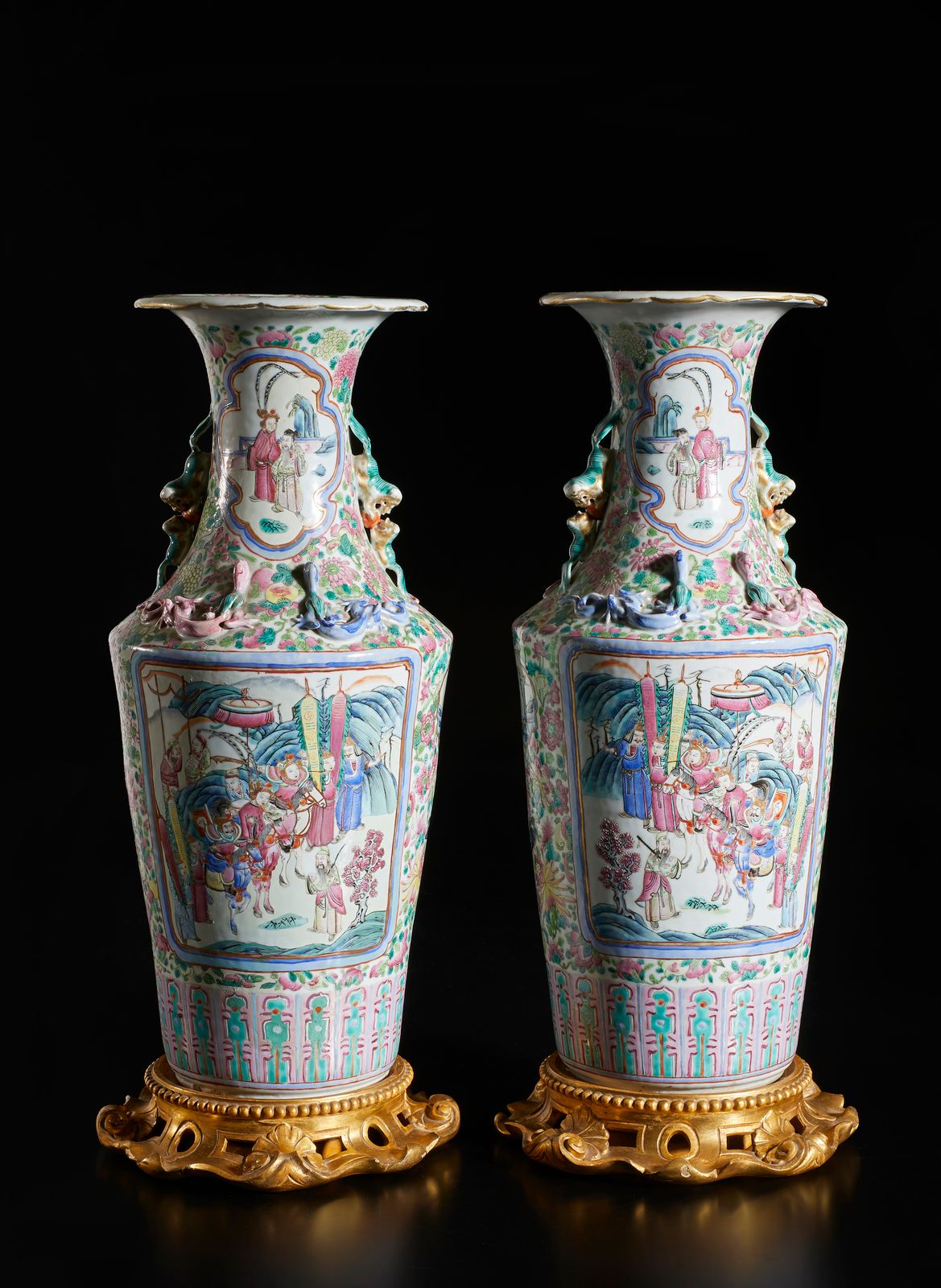 Chinese Art A pair of cantonese famille rose vases with qilong moulded handles 中&hellip;