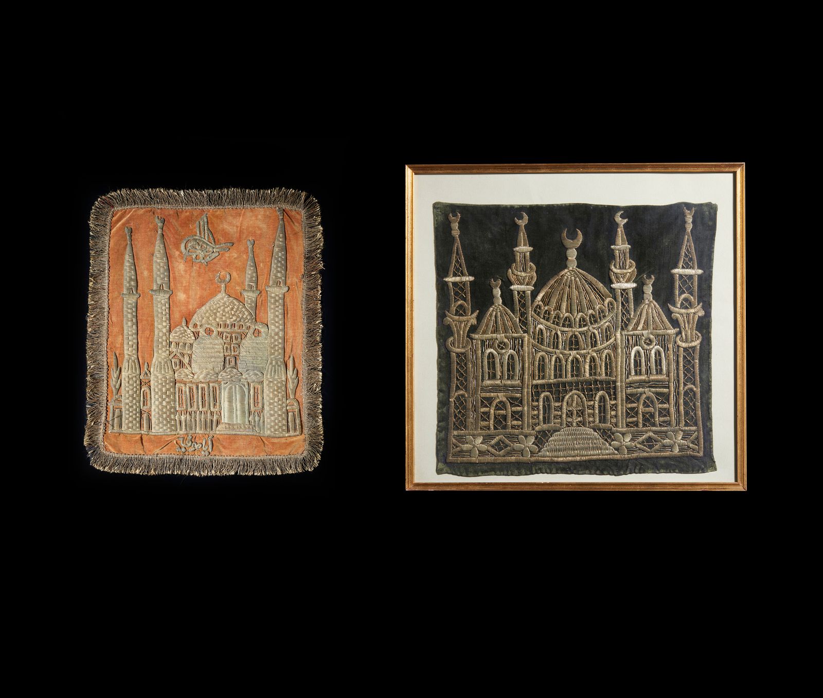 Islamic Art Two Ottoman embroidered velvet textiles depicting mosques Arte islám&hellip;