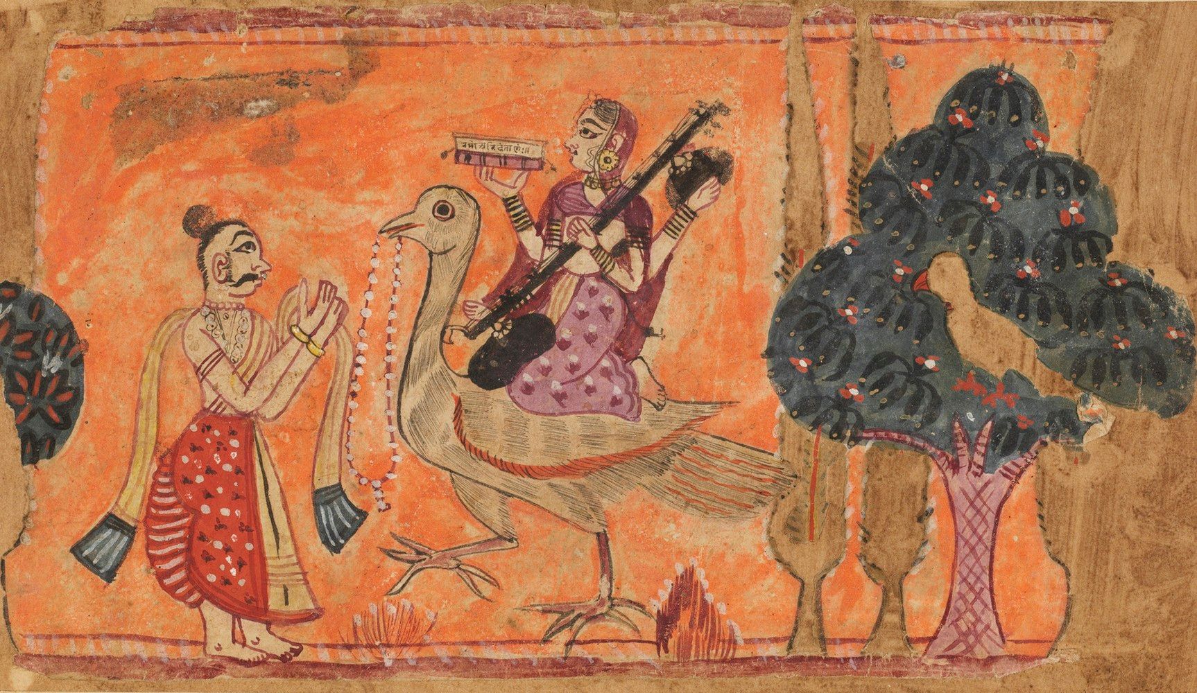 Indian Art A miniature portraying Sarasvati on the peakcok 印度艺术。描绘萨拉斯瓦蒂峰的微型画 北印度&hellip;
