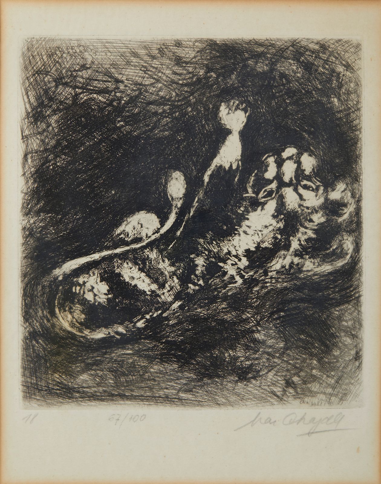 CHAGALL MARC (1887 - 1985) 夏加尔-马克(1887 - 1985)《方丹的寓言》系列：《狮子和马歇尔》。1952.蚀刻画。Cm 39x&hellip;