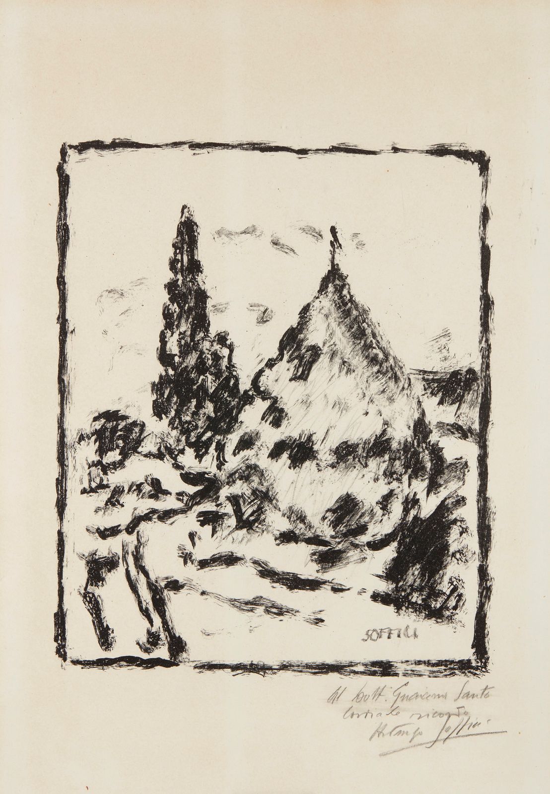 SOFFICI ARDENGO (1879 - 1964) SOFFICI ARDENGO (1879 - 1964) 景观与羊群和柏树。石版画。厘米63.70&hellip;
