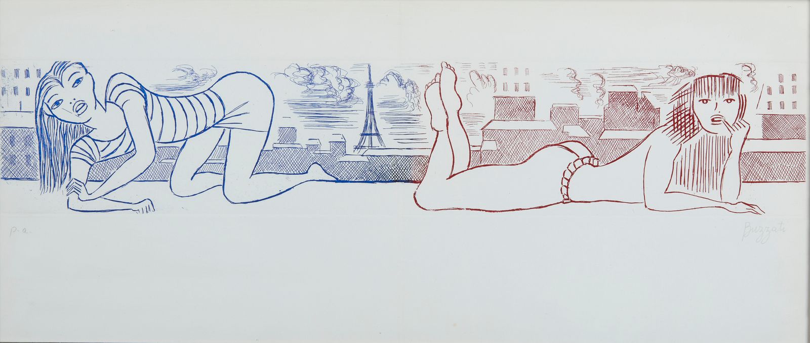 BUZZATI DINO (1906 - 1972) 布扎蒂-迪诺 (1906 - 1972) 摘自文件夹《圣杰曼的腿》。1971.彩色蚀刻画。Cm 21x48&hellip;