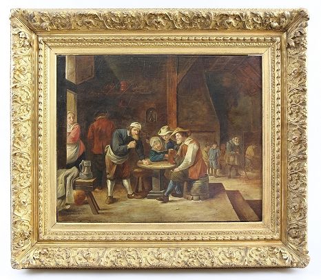 Niederländischer Maler 画作《丢失的牙齿》，布面油画，旅店老板与狂欢的农民，站在桌前的农民和三个坐着的农民，惊恐地看着躺在桌子上的牙齿，这&hellip;