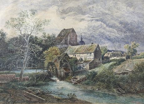 Engelmann, K. (Deutscher Maler des 19. Jhd.) 水粉画在钢笔和墨水上 "Mühle an der Erft"，中央是银&hellip;