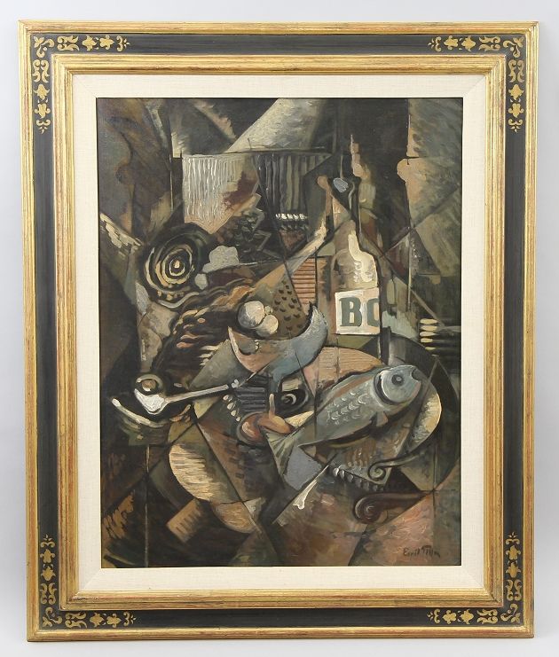 Filla, Emil (Chropyn? / Mähren 1882 - 1953 Prag) 画作《有烟斗、鱼和瓶子的静物》，布面油画，右下角签名 "Emi&hellip;