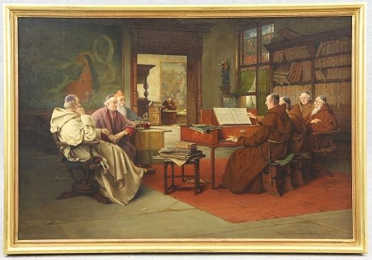 Linderum, Richard (Dresden 1851 - 1926 München) 画作 "修道院中的高访"，一位红衣主教、一位主教和修道院院长虔诚&hellip;