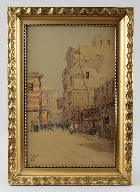Scarvelli, Spyridon (Kerkyra 1868 - 1942 Kerkyra) 水彩画 "开罗的街景"，在开罗有商店的繁忙街景，左下角有 "&hellip;