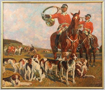 Jank, Angelo (München 1868 - 1940 München) 画作 "Halali"，布面油画，前景是两个骑着大猎角的猎人，他们脚下是一&hellip;