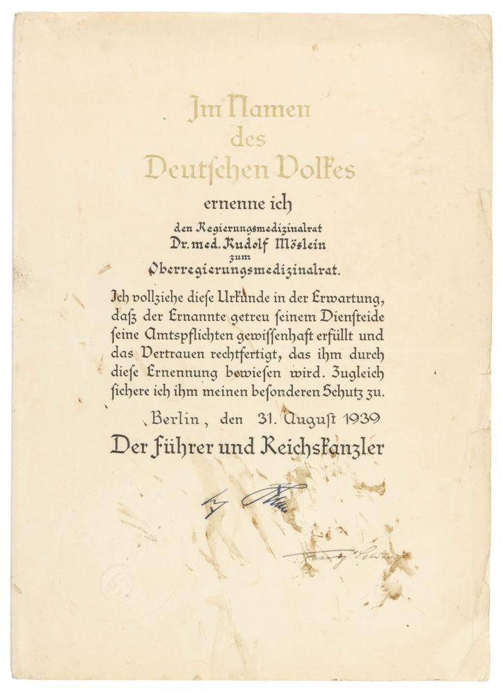 Hitler, Adolf. Eigenhändige 希特勒，阿道夫。 在打印的任命证书上的手写签名。柏林，1939年8月31日。1页，双页。35 x 25.&hellip;