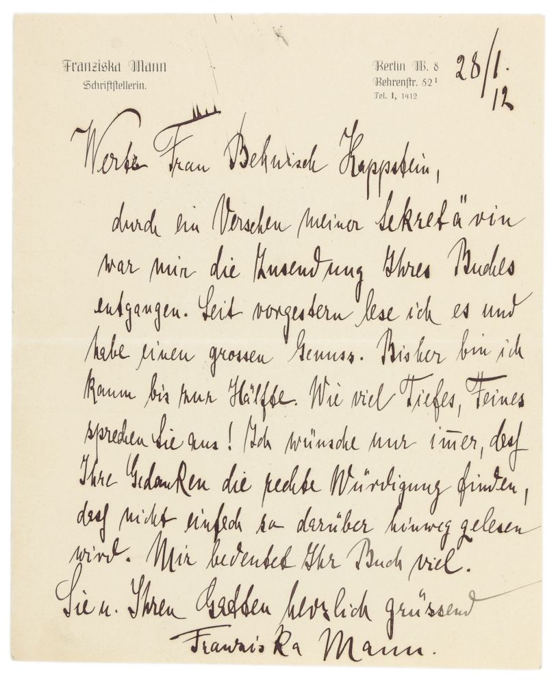Mann, Franziska. 5 eigenhändige Briefe Mann, Franziska. 5 autograph letters with&hellip;