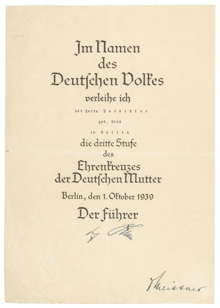 Hitler, Adolf. Eigenhändige Hitler, Adolf. Firma autografa su certificato di pre&hellip;