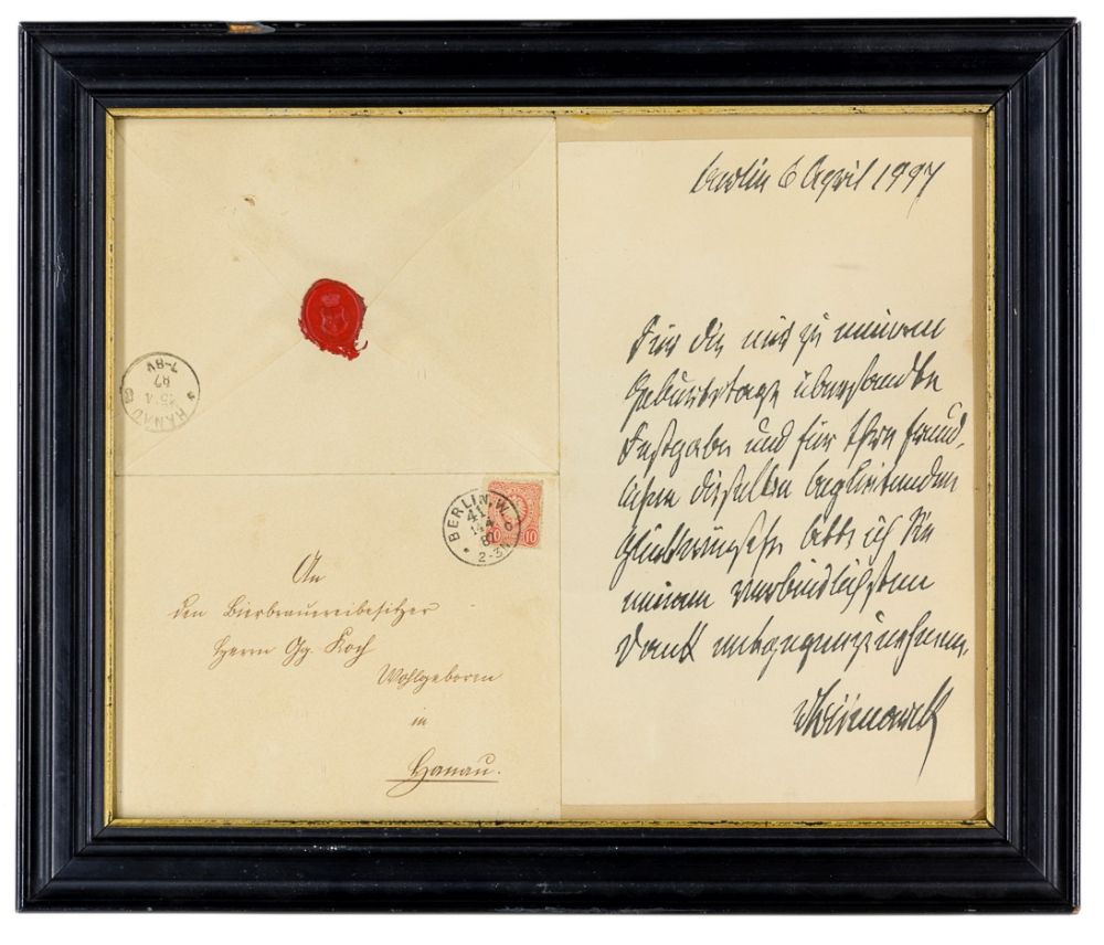 Bismarck, Otto von. Eigenhändiger 俾斯麦，奥托-冯。 有签名的手写信件。柏林，1887年4月6日。1页，黑笔书写。22 x 1&hellip;