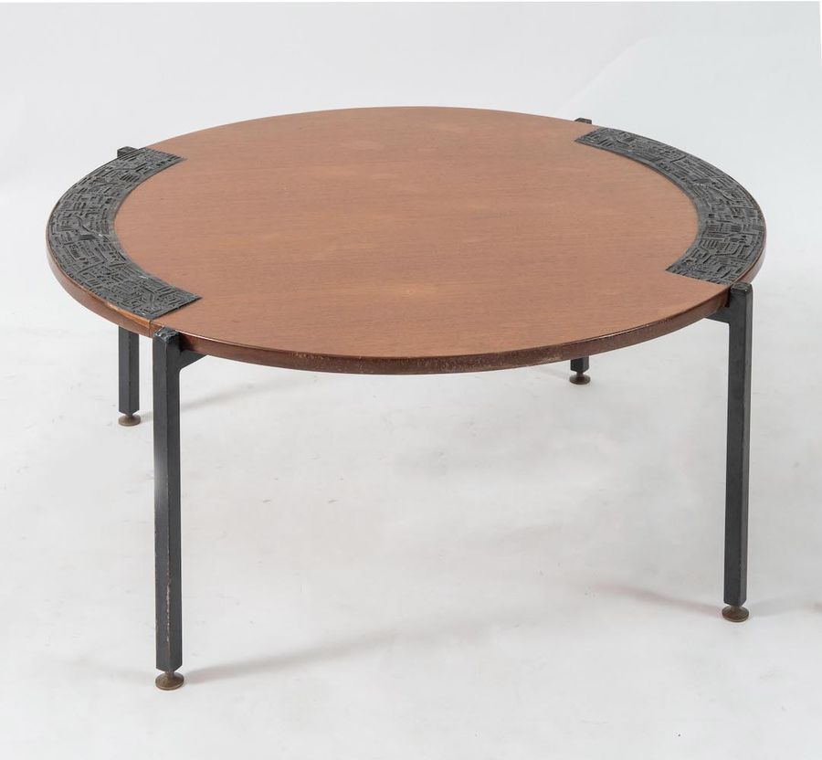 Null Low metal table, wooden top with bas-reliefs. Made in Italy, c.1960. Cm 38x&hellip;
