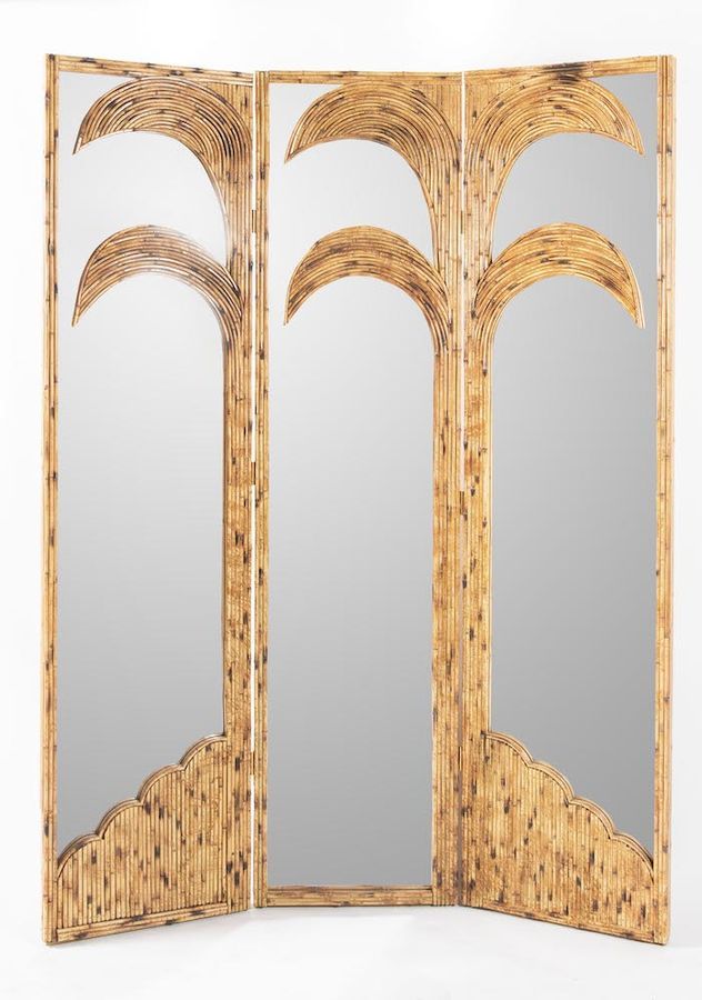 Null VIVAI DEL SUD, attr.带有镜子的竹子和几内亚藤条屏风。意大利制造，1970年左右。Cm 215x157,5x5,5。