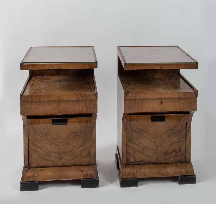 Null Pair of wooden bedside tables with glass top. Made in Italy, circa 1940. Ea&hellip;