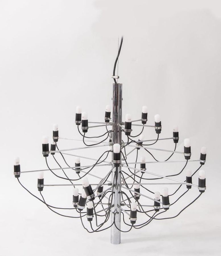 Null GINO SARFATTI Chromed steel chandelier with bakelite lampholder model 2097/&hellip;