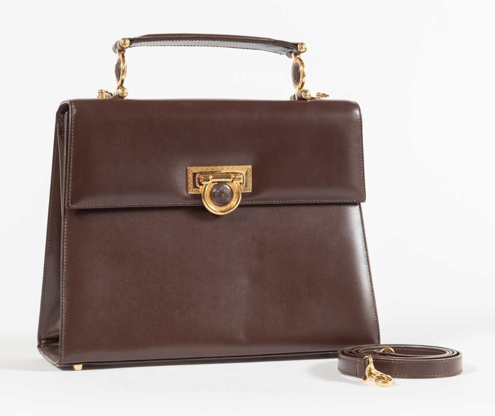 GIANNI VERSACE Handbag in smooth dark brown leather with… | Drouot.com