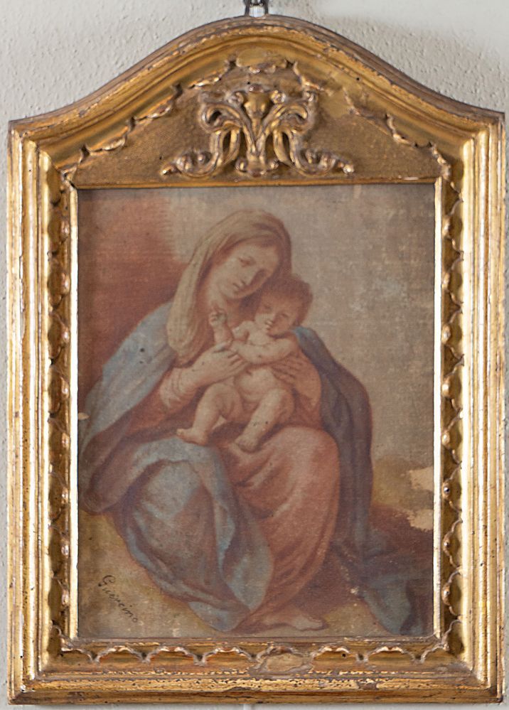 Null 18世纪的大师。"圣母玛利亚和孩子。用桑塔纳和粉笔画画。Cm 56x41。古老的家族认为是Guercino的作品。出处：重要的私人收藏，博洛尼亚。