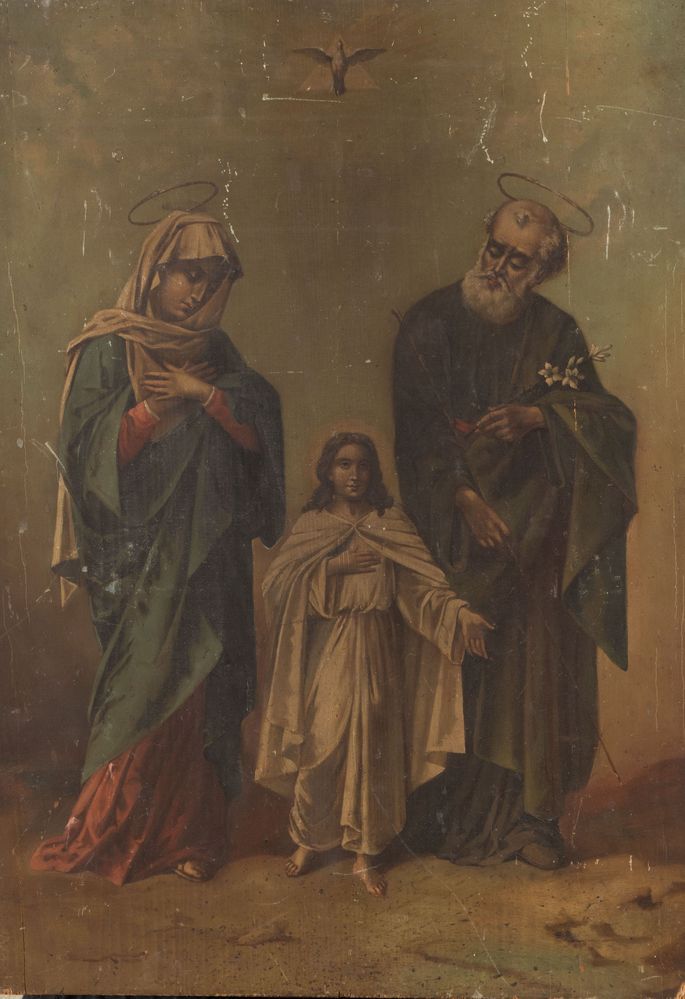 Null 19th-century master. "Holy Family." Oil on panel. 65x46.5 cm.