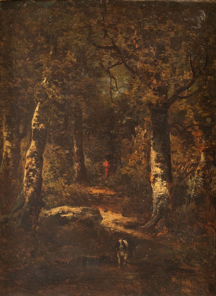 Diaz de la Pena, attr. "Landscape with dog." Oil on canvas. 36x28 cm.