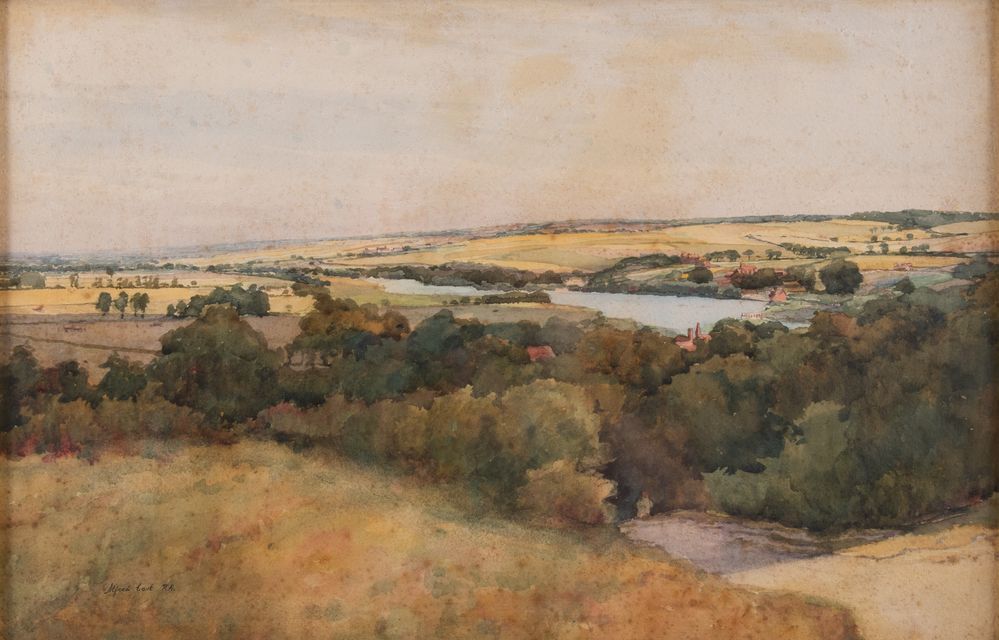 Null ALFRED EAST (1849 - 1913) "Landschaft". Aquarell auf Karton. Cm 32x50. Werk&hellip;