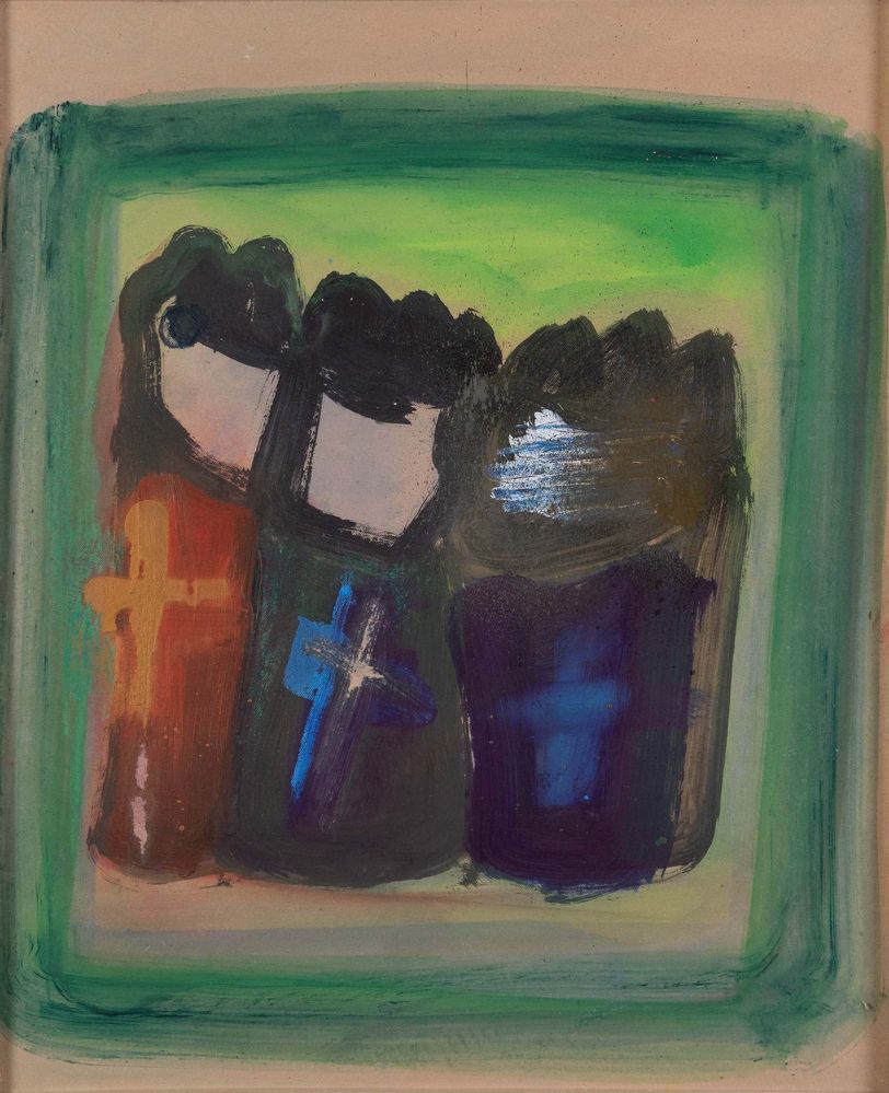 Null CESARE ZAVATTINI (Luzzara 1902 - Rome 1989) "Three priests," 1975. Oil on f&hellip;