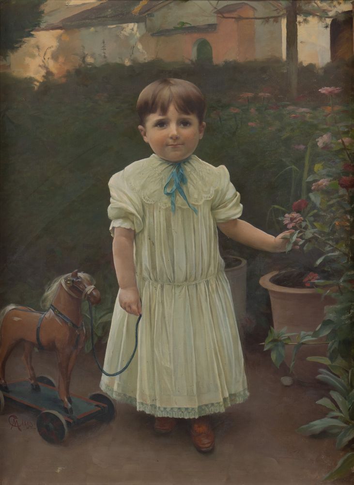 Null CAMILLO MERLO (1856-1931) " Portrait d'une petite fille avec un cheval ", 1&hellip;