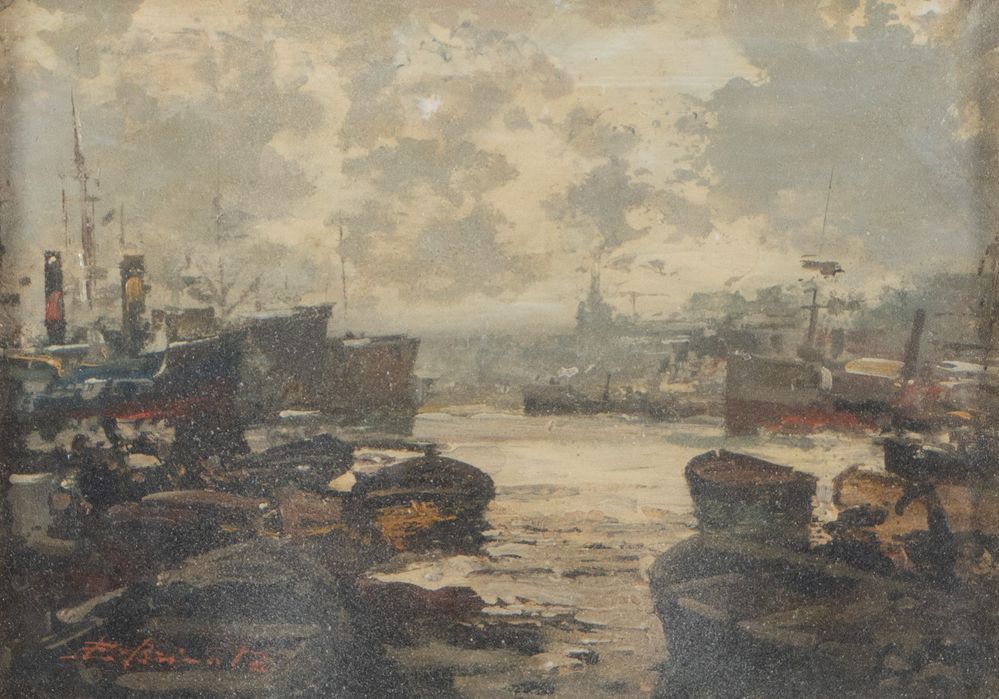 Null EZELINO BRIANTE (Naples 1901 - Rome 1971) 《Marina》。纸板上的油画。厘米16x22。作品左下方有签名E&hellip;