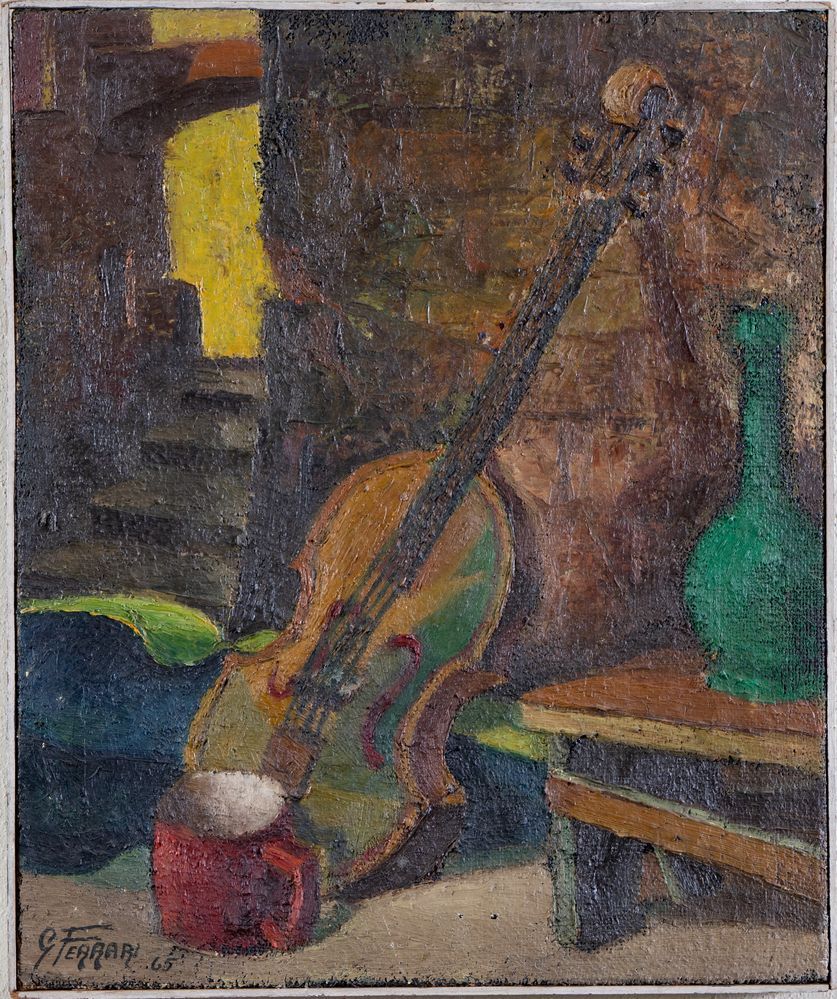 Null GIUSEPPE FERRARI (Bologna 1921 - 2011) 《小贩的工具》，1965。布面油画。厘米60x50。作品左下方有签名和日&hellip;