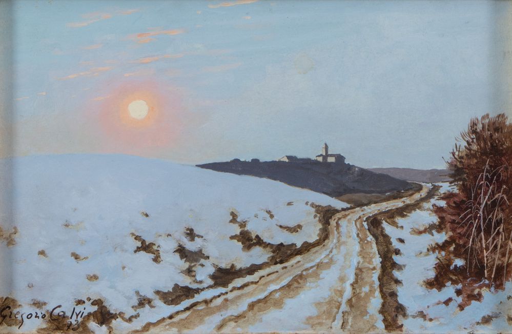 Null GREGORIO CALVI DI BERGOLO (1904 - 1994) 《风景》，1973。纸板上的油画。Cm 21x32.5。作品有签名和日&hellip;