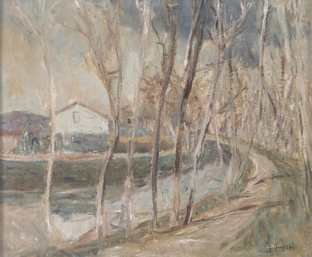 Null GIUSEPPE MANFREDI (Seravezza 1934 - Montecatini Terme 1987) 《风景》。布面油画，应用在面板&hellip;