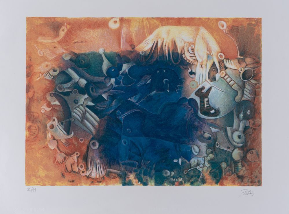 Null 佩特罗斯-帕帕瓦西利欧（雅典1928-米兰2014）。无题-红色》。纸上彩色平版画。纸张：cm 60x80；版材：cm 45.2x62。作品右下角有佩&hellip;