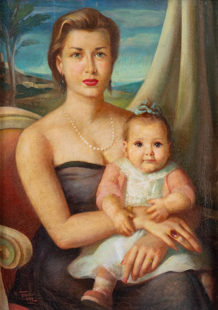 Null 20世纪的匿名画家。带孩子的女人的肖像》，1952年。布面油画。Cm 73x52。作品左下方有签名和日期。
