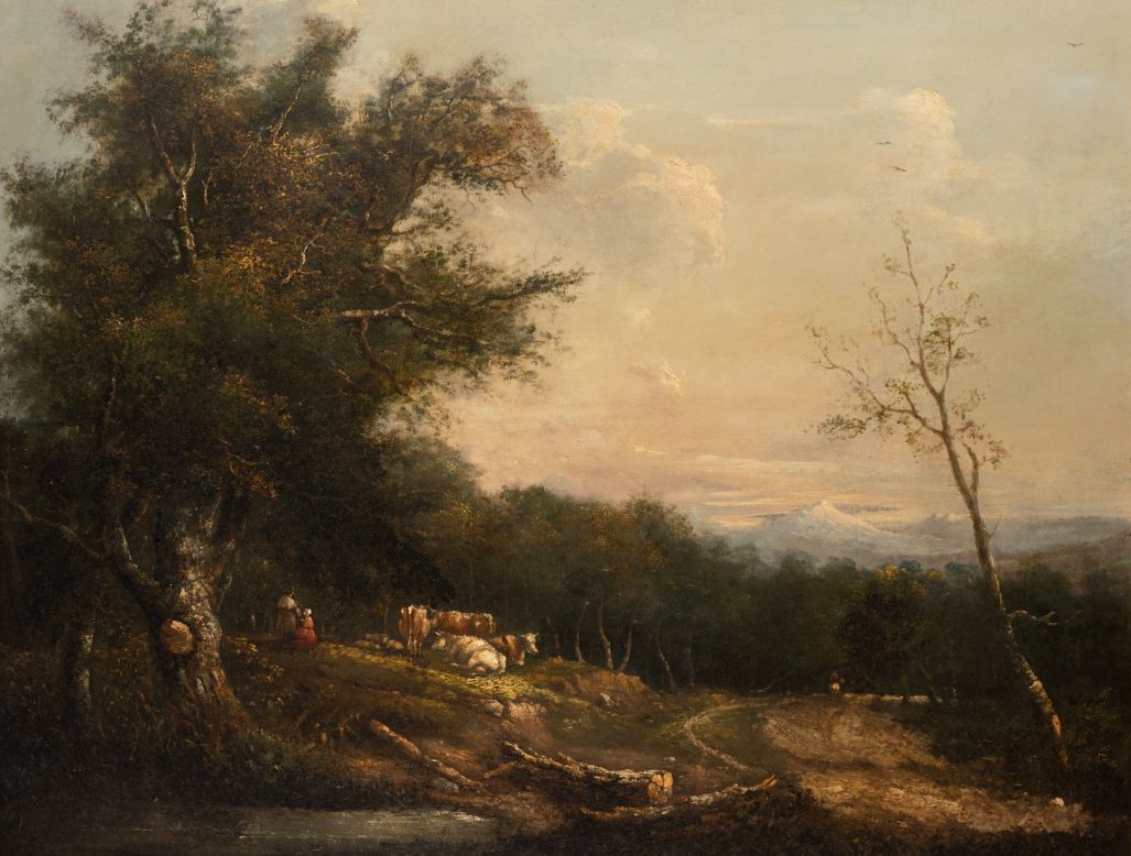 MANNER OF PATRICK NASMYTH (1787-1831) CATTLE IN A WOODLAND CLEARING Olio su tela&hellip;