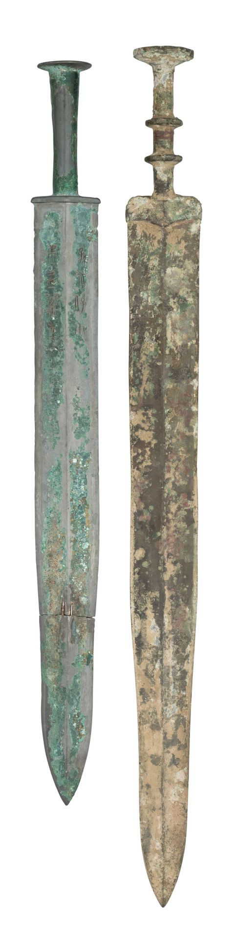 TWO CHINESE BRONZE SWORDS (JIAN), PROBABLY ZHOU DYNASTY OR EARLY WARRING STATES &hellip;