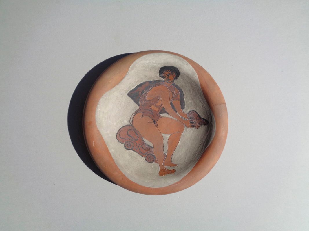 Tono Zancanaro (1906 - 1985) Figures, 1953; painted terracotta plate, slight cra&hellip;
