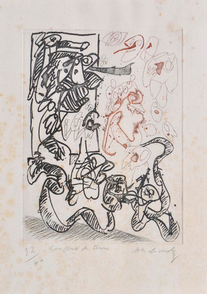 Pierre ALECHINSKY Serpent de terre, 1962;纸上蚀刻画，23,5 x 17,5 cm，有狐狸皮。

签名，标题和编号（32&hellip;