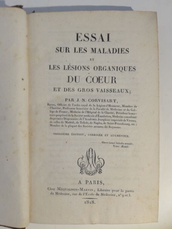 Null CORVISART (Jean-Nicolas).关于心脏和大血管的疾病和有机病变的论文。在巴黎，由Méquignon-Marvis撰写，1818年。&hellip;