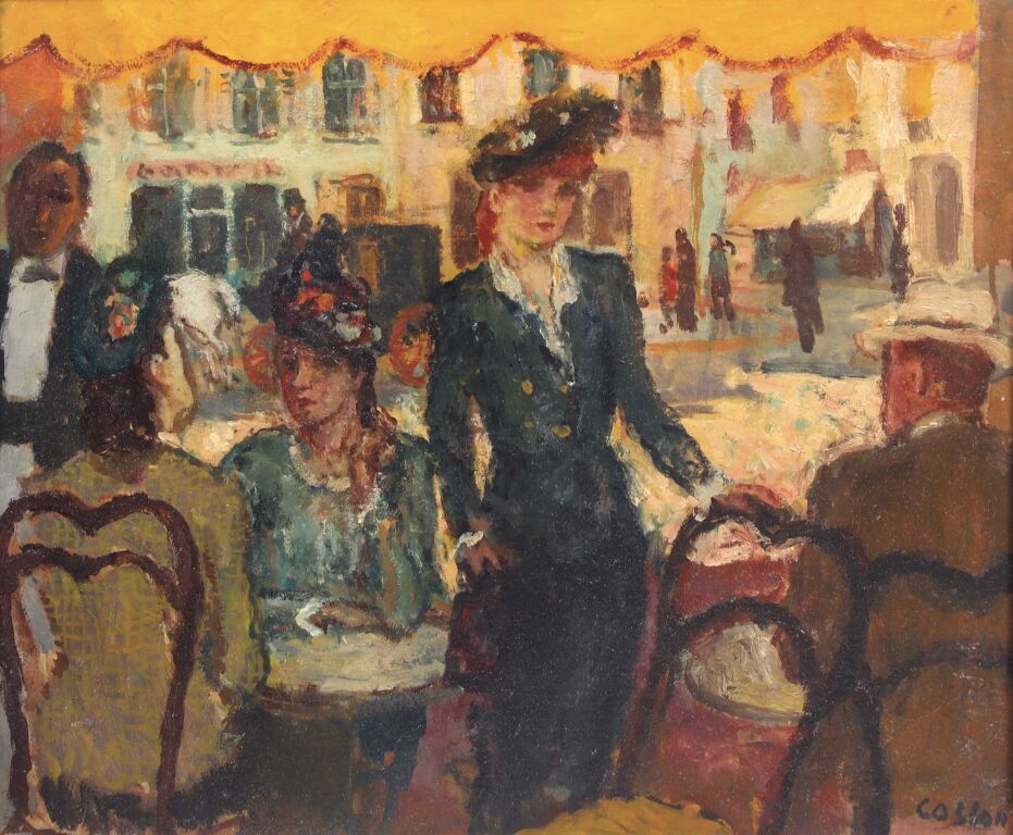 Null 马塞尔-科森（1878-1956）。
在波尔多的一个露台的阴凉处。
板上油彩。
右下方有签名。
44.5 × 53.5 厘米。