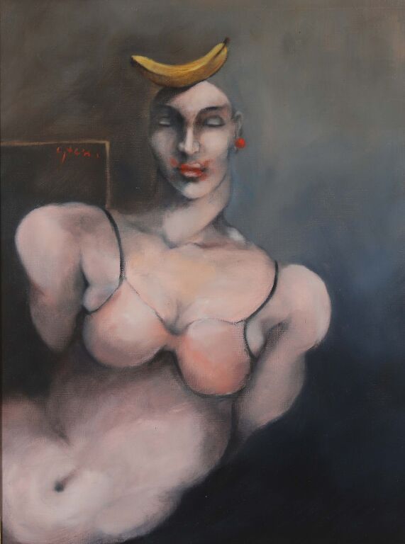 Null Jean-Pierre CEYTAIRE（1946）。
拿着香蕉的女人。
布面油画。
左边有签名。
82 × 60厘米。