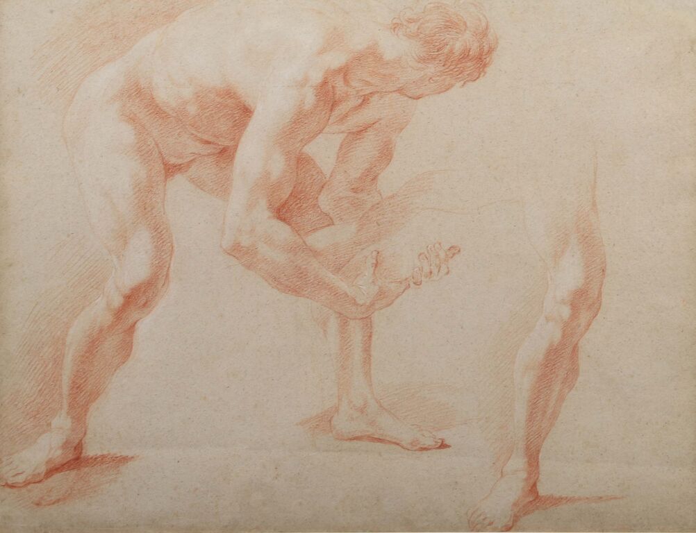 Null 1700年左右的意大利学校。
一个人的腿在右边的研究：为从十字架上下来的研究？
米色纸上的红色和白色粉笔高光。
44 × 57.1 厘米。
(弯曲，左&hellip;