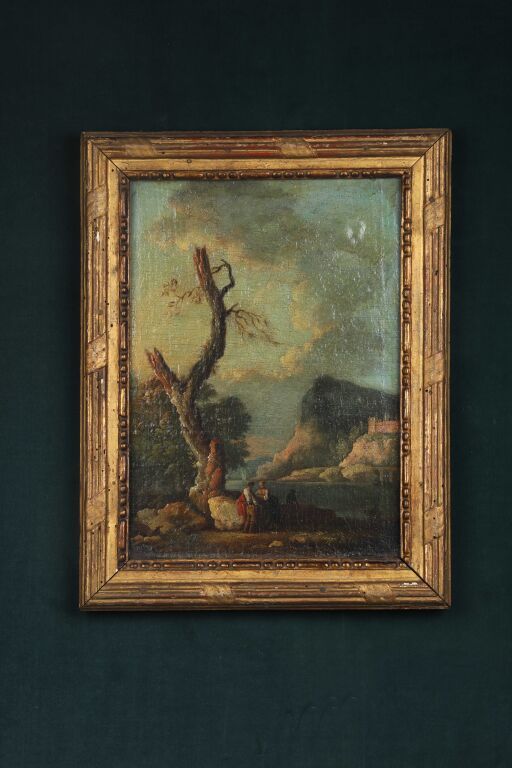 Null 归属于Carlo BONAVIA（1751-1788）。
一对夫妇在树旁。
帆布。
31 × 22.5 厘米。
一个路易十六时期的鎏金木框架。