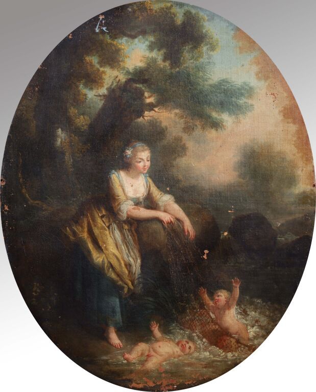 Null École française du XVIIIe siècle.
La pêche aux amours.
Toile ovale.
74,7 × &hellip;