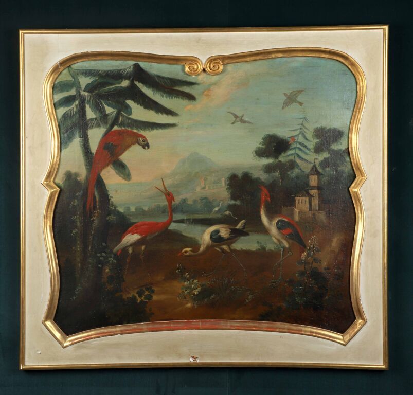 Null 18世纪的法国画派，亚历山大-弗朗索瓦-德斯普特的追随者。
鸨母朱雀和鹦鹉在宝塔前。
帆布有一个弯曲的边缘。
74 × 82 厘米。