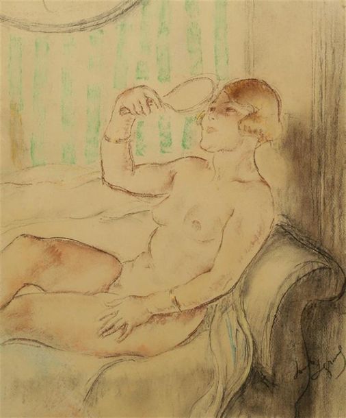 Null Louis LEGRAND (1836-1951).
Nu assis au miroir.
Crayons gras de couleurs sig&hellip;